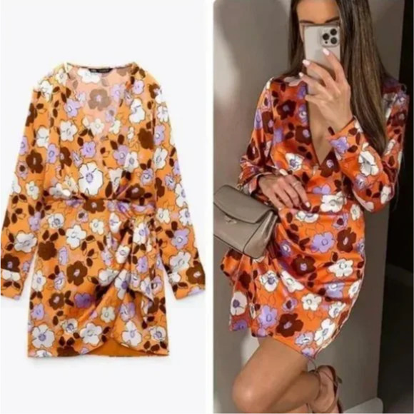 NWT Zara Floral Print Front Tie Mini Dress Size: XS - Picture 1 of 6